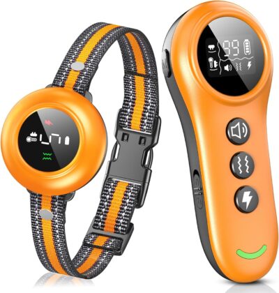 2-in-1 Dog Shock Collar & Dog Bark Collar - Smart Anti Barking Dog Training Collar with 5 Adjustable Sensitivity & 3300FT Remote for All Breeds IP67 Waterproof Rechargeable E-Collar (Orange)