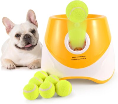 Automatic Ball Launcher, Interactive Dog Toy Ball Thrower, Adjustable Distance 10-30 Ft Ball Thrower Dog Fetch Machine with 6 x 2 inch Tennis Balls for Small and Medium Dog(Orange)