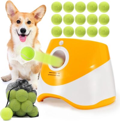 Automatic Ball Launcher for Small and Medium Dogs, USB Rechargeable Ball Thrower,10-30 Ft, Indoor& Outdoor Tennis Ball Thrower, 15PCS Mini Tennis Balls Included (Orange Launcher)