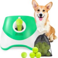 Automatic Dog Ball Launcher, Dog Ball Thrower with 15 Mini Tennis Balls Sizing 2 Inch and Mesh Bag, Interactive Dog Toys Tennis Ball Launcher for Small Dogs with 3 Distance Settings