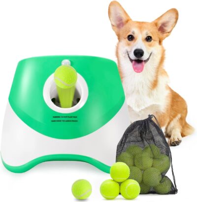 Automatic Dog Ball Launcher, Dog Ball Thrower with 15 Mini Tennis Balls Sizing 2 Inch and Mesh Bag, Interactive Dog Toys Tennis Ball Launcher for Small Dogs with 3 Distance Settings