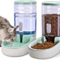 Automatic Dog Cat Feeder and Water Dispenser Gravity Food Feeder and Waterer Set with Pet Food Bowl for Small Medium Dog Puppy Kitten, Large Capacity 1 Gallon x 2