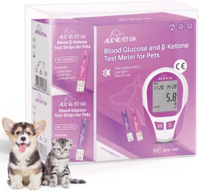 Blood Sugar & Blood Ketone Test Meter for Cat Dog Diabetes Testing Kit - All in One Solution for in-Clinic or at Home with User Guide, Test Strips & Diary