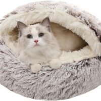 Calming Dog Beds & Cat Cave Bed with Hooded Cover,Removable Washable Round Beds for Small Medium Pets,Anti-Slip Faux Fur Fluffy Coved Bed for Improved Sleep,Fits up to 15/25 lbs(Medium,24"x24")