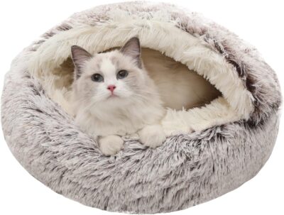 Calming Dog Beds & Cat Cave Bed with Hooded Cover,Removable Washable Round Beds for Small Medium Pets,Anti-Slip Faux Fur Fluffy Coved Bed for Improved Sleep,Fits up to 15/25 lbs(Medium,24"x24")