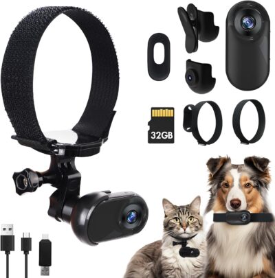 Cat Camera Collar - HD 1080P Home Wireless Pet Cameras - Mini Body Sport Action Cam for Pets Supplies with 32 GB Indoor Outdoor Dog Collar Camera with Video Records