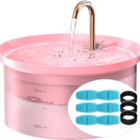 Cat Water Fountain + 6Filters + 3 Sponges: 88Oz Pet Fountain 24/7 Running Water Fresh Help Pets Drink More Water Activated Carbon Filter 5V Ultra Silent Pump Increase Drinking Area(Pink)