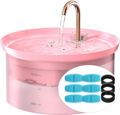 Cat Water Fountain + 6Filters + 3 Sponges: 88Oz Pet Fountain 24/7 Running Water Fresh Help Pets Drink More Water Activated Carbon Filter 5V Ultra Silent Pump Increase Drinking Area(Pink)