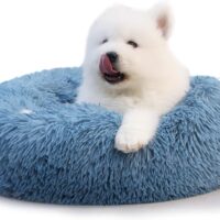 Comfy Calming Dogs Bed for Deep Sleep Small Puppy ，Puppy Bed with Fluffy Donut is for Anxiety Small Dogs，19" Round Soft Faux Fur Pet Bed for Small Dogs Under 15 lbs Machine Washable Blue