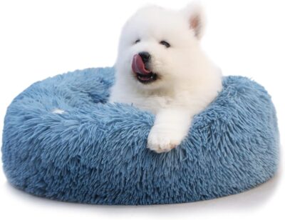 Comfy Calming Dogs Bed for Deep Sleep Small Puppy ，Puppy Bed with Fluffy Donut is for Anxiety Small Dogs，19" Round Soft Faux Fur Pet Bed for Small Dogs Under 15 lbs Machine Washable Blue