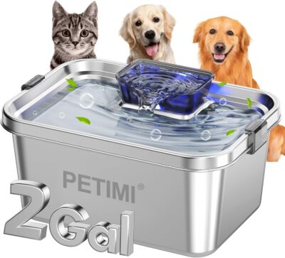 Dog & Cat Water Fountain, 2 Gallon 304 Food Grade Stainless Steel Water Fountain for Small, Medium & Large Dog, Quiet Pet Water Fountain with Filter, Smart Water Pump Protection, Easy to Clean