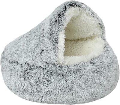 Dog Cave Bed for Small Dogs Cats Pets, Anti Anxiety Calming Plush Dog Beds, Fluffy Covered Hooded Cozy Burrow Puppy Beds, Anti-Slip Bottom Washable Pet Sleeping Bag (20" D, Grey)