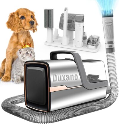 Dog Grooming Kit, Multi-Functional Hair Trimmer & Vacuum, 15KPa Powerful Suction, Stainless Steel, Low Noise, Adjustable Settings, Easy to Clean, Includes Clippers, Brush, Nail Trimmer