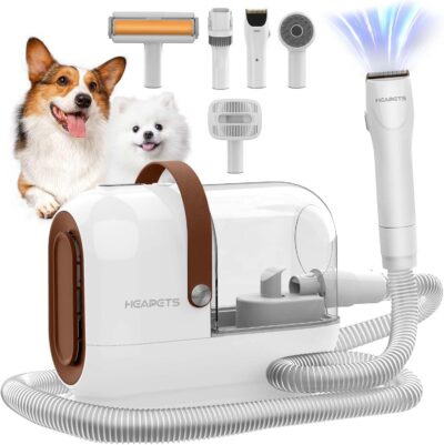 Dog Grooming Vacuum Kit, 3L Pet Grooming Vacuum with 7 Pet Grooming Tools, Dog Vacuum for Shedding Grooming at Home with Low Noise Electric Clipper and Brush, White-Brown Combo kit