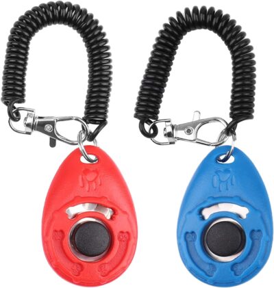 Dog Training Clicker with Wrist Strap - OYEFLY Durable Lightweight Easy to Use, Pet Training Clicker for Cats Puppy Birds Horses. Perfect for Behavioral Training 2-Pack (Red and Blue)