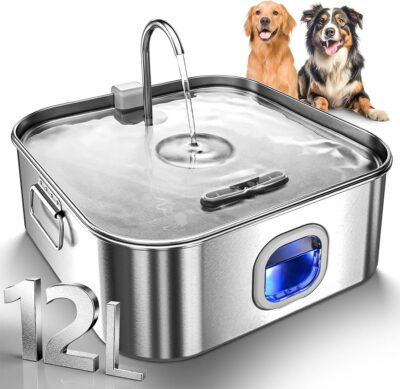 Dog Water Fountain Stainless Steel, 410oz/3.2Gal/12L Large Pet Water Fountain for Large Dog, Dog Water Bowl Dispenser with Water Level Window & LED Indicator, Super Quiet for S-L Dogs and Multi-Pet