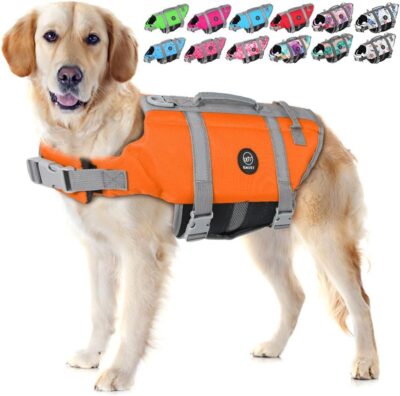 EMUST Dog Life Jacket, Lightweight Dog Life Vests with Rescue Handle for Small Medium and Large Dogs, Pet Safety Swimsuit Preserver for Swimming Pool Beach Boating, 2XL, NewOrange