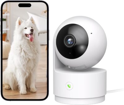 Indoor Security Camera, 2K Pet Camera Indoor with Phone App, 360° Dog and Baby Monitor, One-Touch Call, 2-Way Talk, Motion Tracking, Local/Cloud Storage, White, 1 Pack