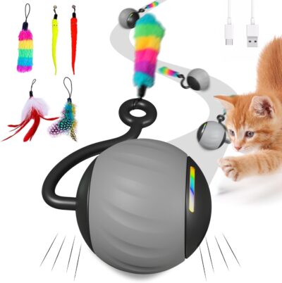 Interactive Cat Toys for Indoor Cats, DIY 5 in 1 Automatic Moving Cat Ball Toys/Puppies Toys with LED Rainbow Lights, Smart Sounds&Touch Control Cat Toys,USB Rechargeable (Grey)