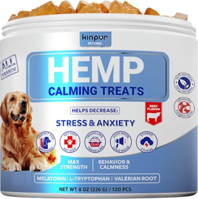 Kinpur Pet Care Calming Chews for Dogs - Hip and Joint Health - Aid During Thunderstorms, Separation, Car Rides - Hemp Oil - Tasty Dog Calming Treats with Beef Flavor, 120 Chews