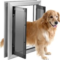 Large Dog Door, Weatherproof Aluminum Dog Door with Automatic Closing Double Panels Easy to Install Pet Door for Large Dogs and Cats, Closing Panel Included