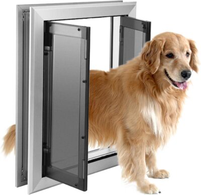 Large Dog Door, Weatherproof Aluminum Dog Door with Automatic Closing Double Panels Easy to Install Pet Door for Large Dogs and Cats, Closing Panel Included