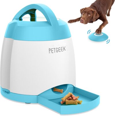 PETGEEK Automatic Dog Feeder Toy, Interactive Dog Puzzle Toys Treat Dispensing, Electronic Dog Food Dispenser Remote Control, Safe ABS Material Pet Toy for All Breeds of Dogs, Blue Color