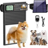 Pet Door Automatic Dog Door Solar Powered Weather-Resistant Light Sensor and Timer Remote Control and LCD Screen Small Doggy Door for Dogs Cats Energy efficient Rugged Aluminum Black