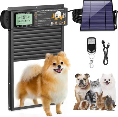 Pet Door Automatic Dog Door Solar Powered Weather-Resistant Light Sensor and Timer Remote Control and LCD Screen Small Doggy Door for Dogs Cats Energy efficient Rugged Aluminum Black