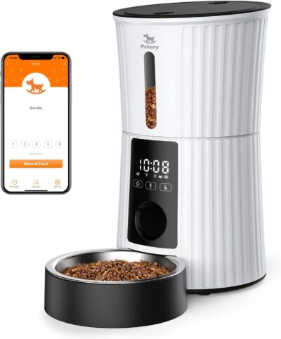 Petory Automatic Cat Feeders Wi-Fi - 4L Dry Food Dispenser for Cats and Dogs 10 Meals per Day Smart Pet Feeder with Desiccant Bag Dual Power Supply 10S Voice Recorder