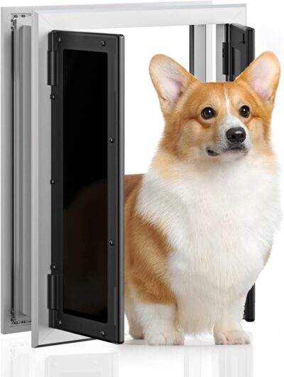 Premium Medium Dog Door, PETOUCH Aluminum Pet Door with Double Panels, Doggy Door with Automatic Closing Magnetic Flaps, Slide-in Panel & 4 Security Locks, Weather Resistant & Durable Use, Medium