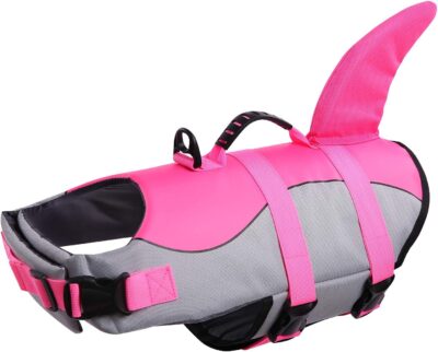 Queenmore Dog Life Jacket Ripstop Shark Dog Safety Vest Adjustable Preserver with High Buoyancy and Durable Rescue Handle for Small,Medium,Large Dogs, Pink Shark Small