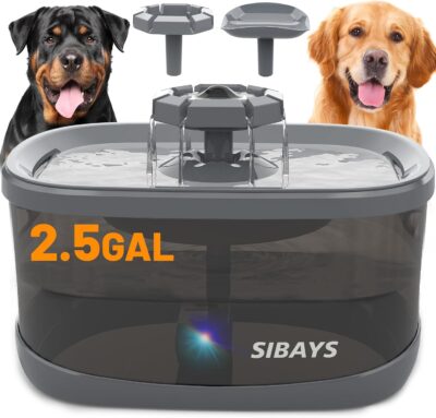 SIBAYS 2.5GAL/9.5L Dog Water Fountain for Large Dogs, 3 Flow Modes Large Pet Water Fountain for Cats, Automatic Dog Water Bowl Dispenser with 7" Large Filter & Smart LED Pump, Quiet, BPA-Free Material