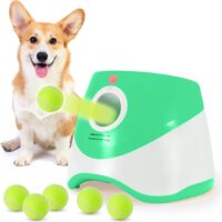 SOCO Dog Ball Launcher Automatic,10-30 FT Distance, USB Rechargeable Ball Thrower, LED Indicator Dog Toy, Included 6 Mini Tennis balls (2") for Small and Medium Dogs, Green