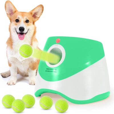 SOCO Dog Ball Launcher Automatic,10-30 FT Distance, USB Rechargeable Ball Thrower, LED Indicator Dog Toy, Included 6 Mini Tennis balls (2") for Small and Medium Dogs, Green