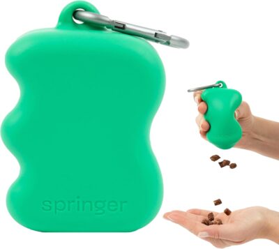 Springer Dog Treat Pouch for Effort-Free Squeeze Dispensing - Easy-fill, Food-Grade Silicone Treat Pouches for Pet Training - Includes Carabiner-Green