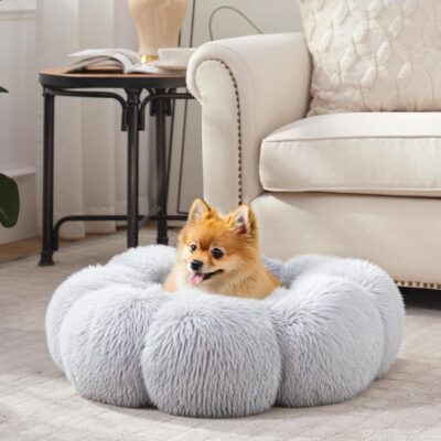 SunStyle Home Calming Dog Bed for Small Dogs - Cute Flower Shape Donut Pet Bed, 23 inches Washable Fluffy Faux Fur Plush Large Cat Bed for Indoor Cats, Fits up to 25 lbs Pets - Light Grey