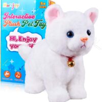 White Plush Cat Stuffed Animal Interactive Cat Robot, Robotic Cat Barking Meow Kitten Touch Control, Electronic Pet, Robot Kitty Toy, Animated Cat for Girl Baby Kid L:12" * H:8"