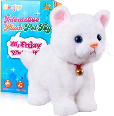 White Plush Cat Stuffed Animal Interactive Cat Robot, Robotic Cat Barking Meow Kitten Touch Control, Electronic Pet, Robot Kitty Toy, Animated Cat for Girl Baby Kid L:12" * H:8"