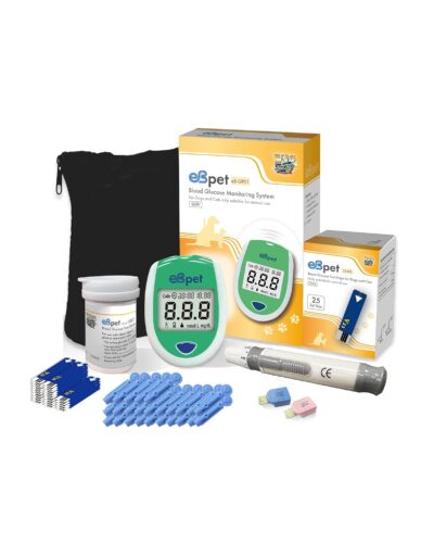 eBpet Blood Glucose Monitor System - Dogs and Cats Glucose Monitoring Kit 25 Blood Glucose Test Strips Lancing Device, Battery, 26 Gauge Sterile Lancets, and Carrying Case, Animal Care, Easy Switch between dogs and cats