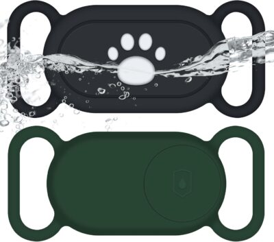 for Samsung Galaxy SmartTag2 Dog Collar Holder, 2 Pack Waterproof Anti-Lost Silicone Case for Galaxy Smart Tag 2 for Pet Dog Cat Collars (Black/Olive Green)