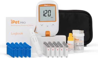 iPet PRO Blood Glucose Monitoring System Designed for Dogs & Cats| Includes Meter, 2 AA Batteries, User Guide, Log Book, 25 Test Strips, Control Solution, Lancing Device, 30 28G Lancets, Carrying Case