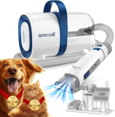 oneisall Dog Hair Vacuum & Dog Grooming Kit, Pet Grooming Vacuum with Pet Clipper Nail Grinder, 1.5L Dust Cup Dog Brush Vacuum with 7 Pet Grooming Tools for Shedding Pet Hair, Home Cleaning