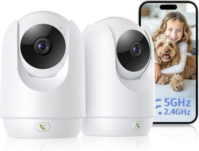 2 Pack Indoor Cameras for Home, Pet Camera with Phone App, 360°Pan/Tilt Security Camera for Baby Monitor, 2-Way Audio/One-Click Call/Human Detection, 2.4G&5G, Works w/Alexa & Google Assistant