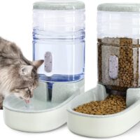 Automatic Dog Cat Feeder and Water Dispenser Gravity Food Feeder and Waterer Set with Pet Food Bowl for Small Medium Dog Puppy Kitten, Large Capacity 1 Gallon x 2(Grey)