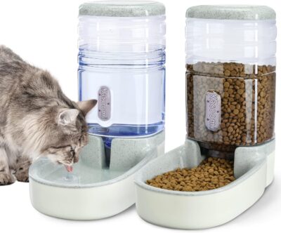 Automatic Dog Cat Feeder and Water Dispenser Gravity Food Feeder and Waterer Set with Pet Food Bowl for Small Medium Dog Puppy Kitten, Large Capacity 1 Gallon x 2(Grey)