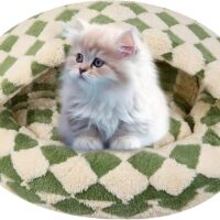 Calming Dog Beds & Cat Cave Bed with Hooded Cover, Dog Beds for Small Dogs, Faux Fur Cuddler Round Comfortable Self Warming Pet Bed, Non-Slip Washable Round Donut Cat Bed(Green, 24" x 24")