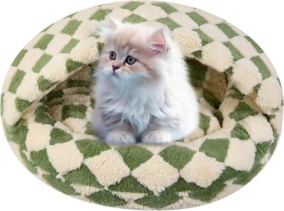 Calming Dog Beds & Cat Cave Bed with Hooded Cover, Dog Beds for Small Dogs, Faux Fur Cuddler Round Comfortable Self Warming Pet Bed, Non-Slip Washable Round Donut Cat Bed(Green, 24" x 24")