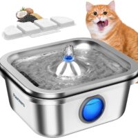 Cat Water Fountain Stainless Steel, 4L/135oz Pet Fountain, Automatic Dog Drinking Dispenser with Water Level Window, Filter, Quiet Pump, Silver