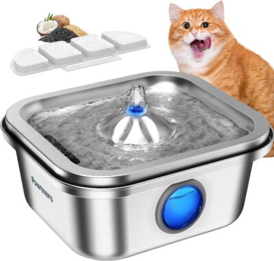 Cat Water Fountain Stainless Steel, 4L/135oz Pet Fountain, Automatic Dog Drinking Dispenser with Water Level Window, Filter, Quiet Pump, Silver